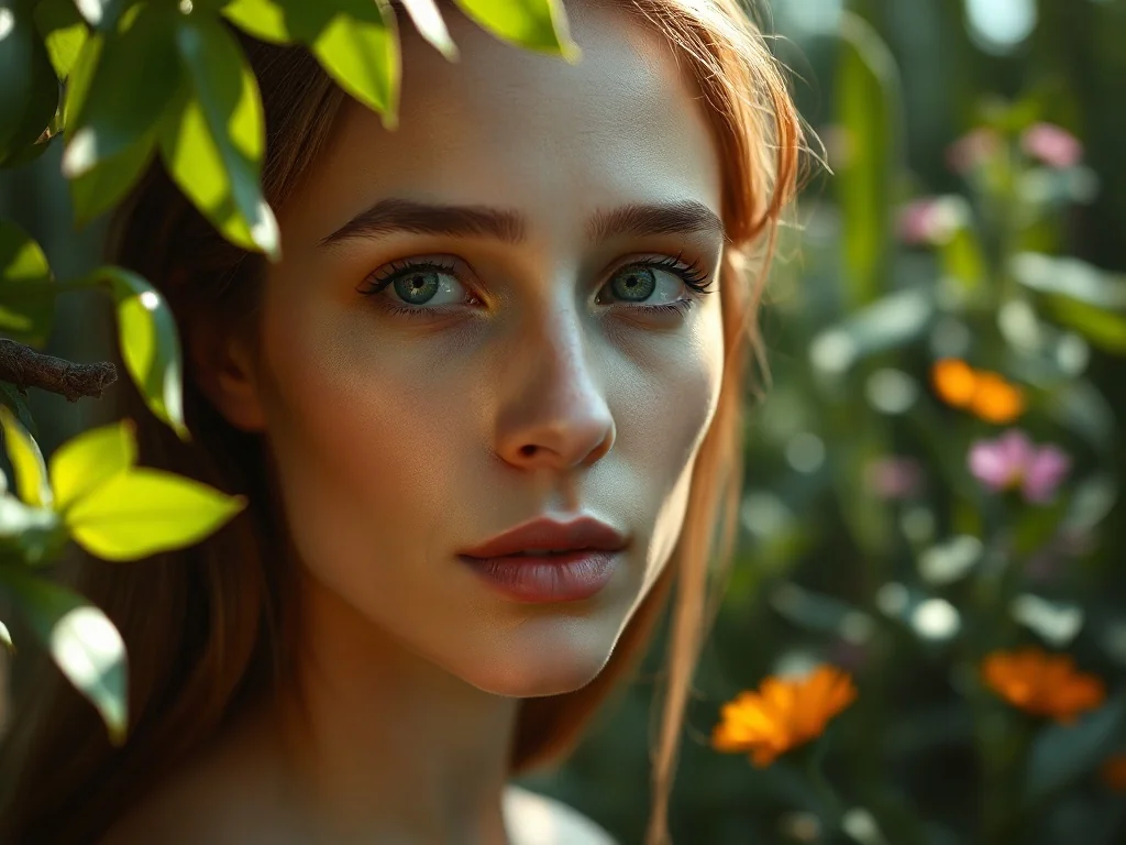 Portret spokojnej kobiety w otoczeniu bujnej roślinności, nawiązujący do mitologicznej postaci Gai, matki ziemi.