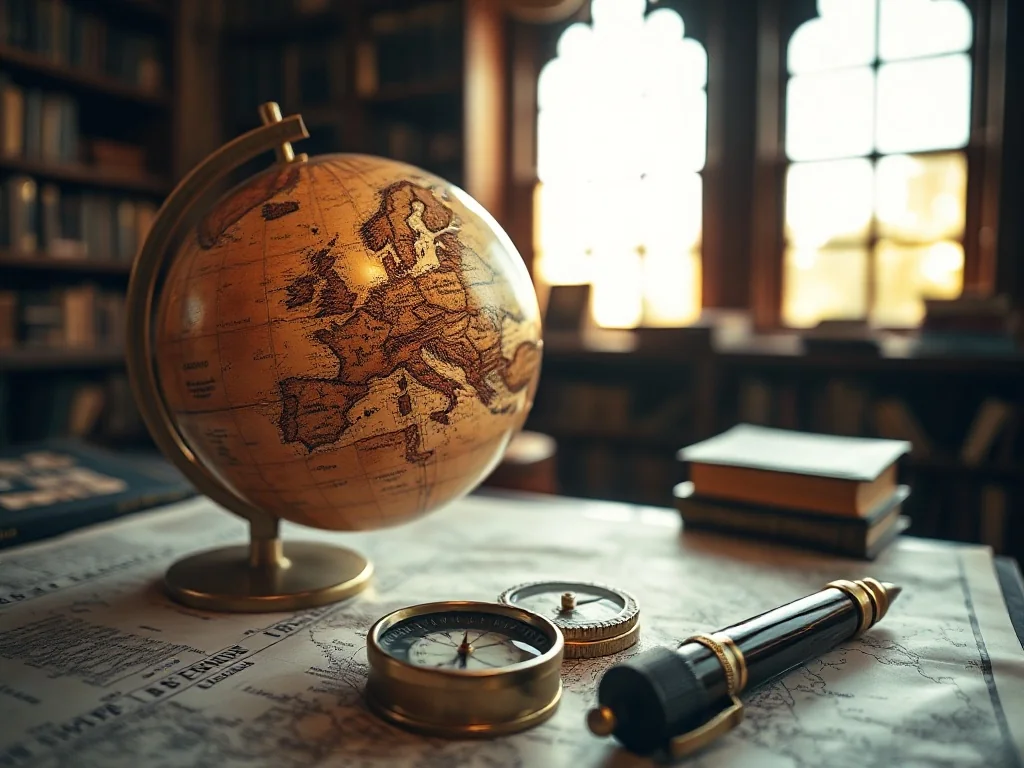 Zabytkowy globus, kompas i pióro na mapie w klimatycznej bibliotece, nawiązujące do tematyki podróży i geografii.