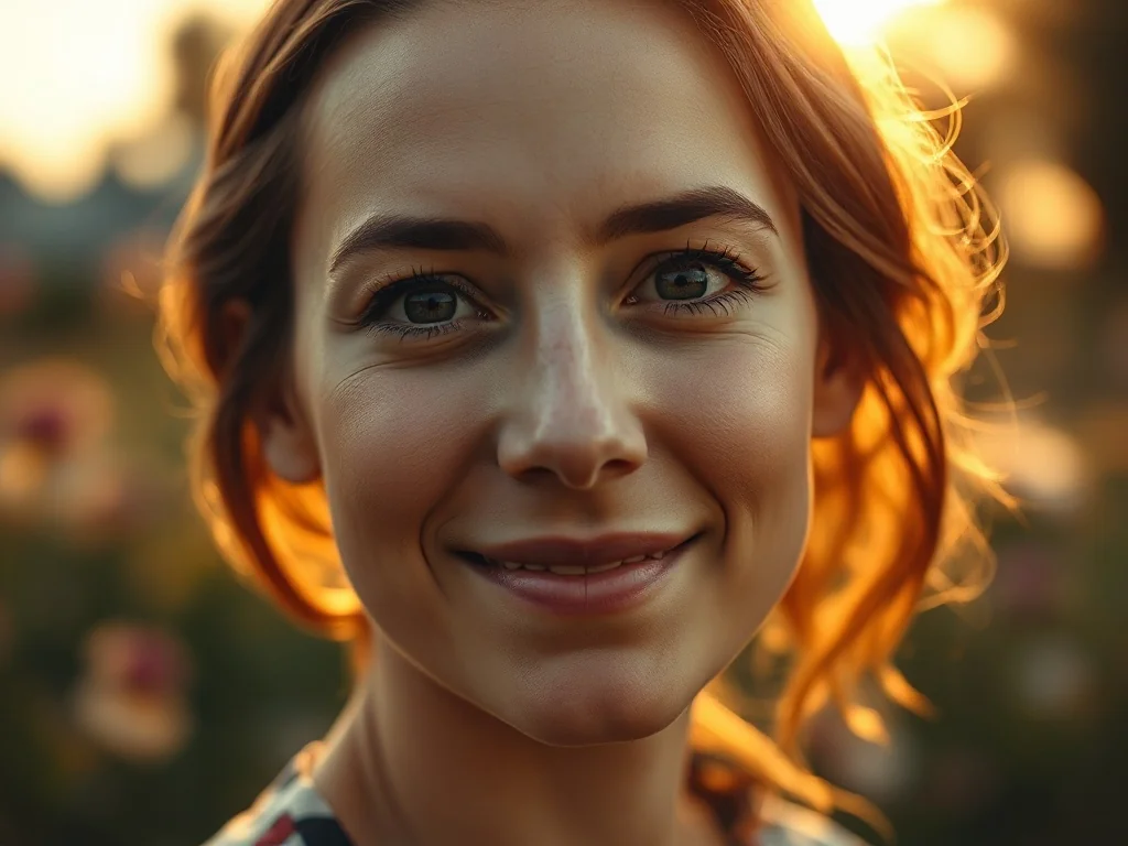 Portret młodej, uśmiechniętej kobiety w ciepłym, naturalnym świetle na tle rozmytego ogrodu.