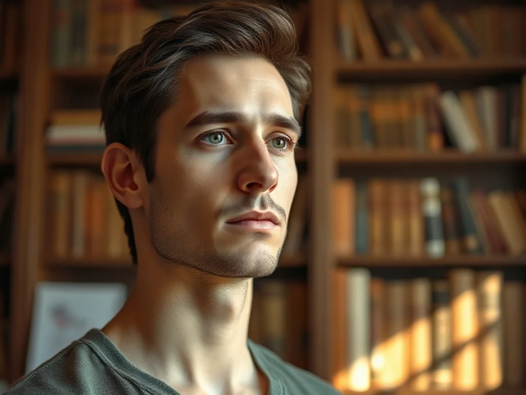 Portret przystojnego mężczyzny w eleganckim, bibliotecznym wnętrzu, symbolizujący dojrzałość i intelekt.