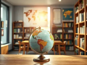 Zabytkowy globus, kompas i stare dzienniki podróży na drewnianym biurku w klimatycznej bibliotece.