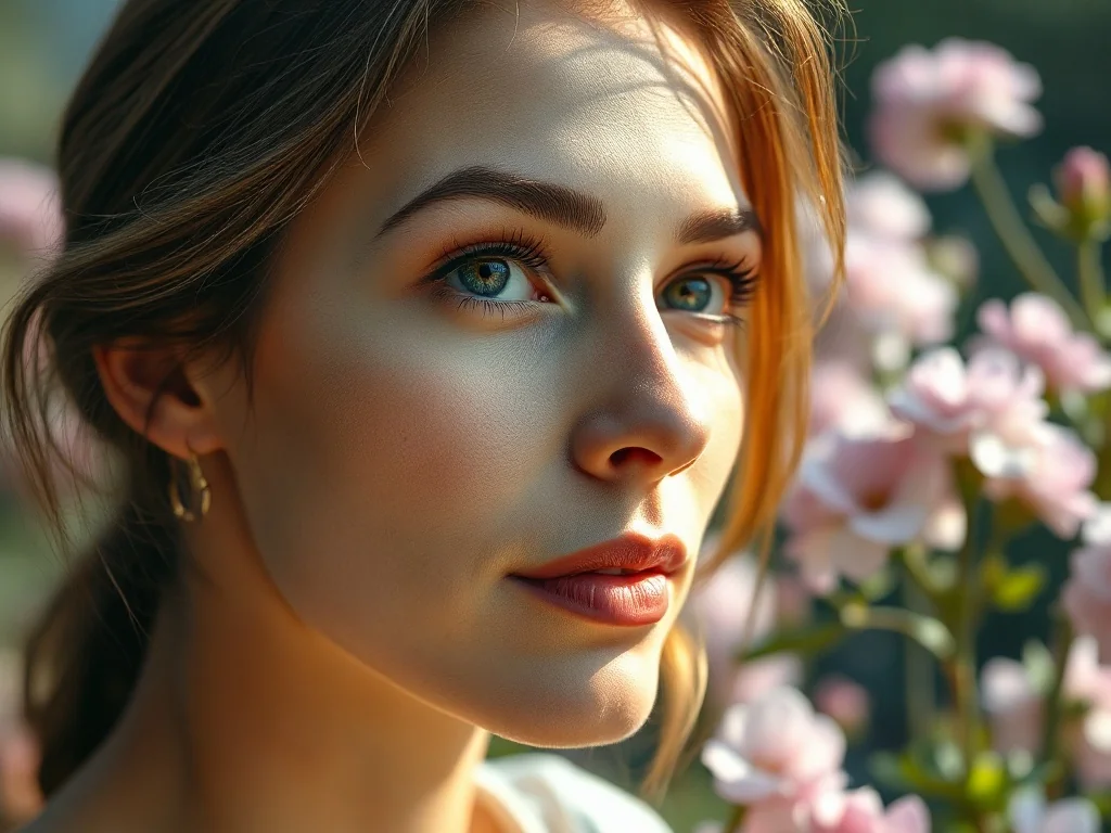 Portret młodej kobiety zamyślonej w ogrodzie pełnym kwiatów, symbolizujący delikatność i naturalne piękno.