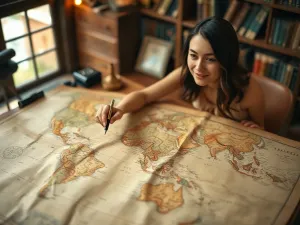 Zabytkowe biurko z rozłożoną mapą świata, kompasem i okularami, wprowadzające w tematykę podróży i geografii.