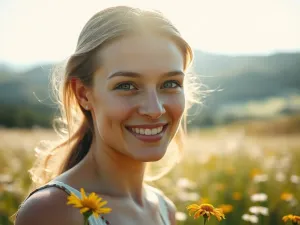 Uśmiechnięta kobieta trzymająca bukiet chabrów w słonecznym ogrodzie, podkreślająca lekkość i elegancję imienia Kornelia.