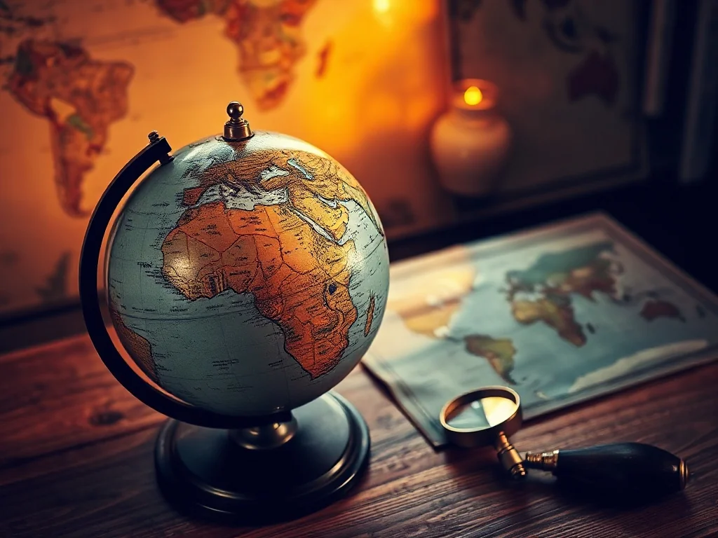 Zabytkowy globus i lupa na drewnianym biurku, symbolizujące odkrywanie świata i geografię.